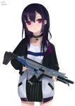  1girl absurdres apex_legends assault_rifle bangs black_choker black_hair black_jacket black_skirt choker collarbone gun highres holding holding_gun holding_weapon ichinose_uruha jacket krmrsn9603 long_hair purple_eyes r-301_carbine rifle shirt skirt solo two-tone_jacket virtual_youtuber weapon white_background white_jacket white_shirt 