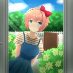  1girl absurdres arms_behind_back bangs blue_eyes blue_overalls blue_skirt bow bush buttons casual cloud collarbone doki_doki_literature_club doorway eyebrows_visible_through_hair fence flower gate hair_bow head_tilt highres light_rays littlewing1st looking_at_viewer orange_shirt outdoors overalls peeking_out picket_fence pink_hair pleated_skirt red_bow red_headwear sayori_(doki_doki_literature_club) shiny shiny_hair shirt short_hair short_sleeves skirt sky smile solo standing striped striped_shirt sunlight tree white_shirt wooden_fence yellow_flower 