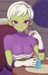  1girl absurdres blush bodysuit breasts cheelai cleavage colored_skin cup dragon_ball dragon_ball_super dragon_ball_super_broly gloves green_skin highres looking_at_viewer purple_bodysuit purple_eyes short_hair short_sleeves signature smile solo svv_art upper_body white_gloves white_hair 