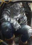  6suan anthro arknights bottomwear clothing felid fur hair hypergryph male mammal mountain_(arknights) muscular muscular_male pantherine scar solo striped_body striped_fur stripes studio_montagne tiger video_games white_body white_fur 