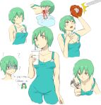  1boy 1girl ? absurdres baseball baseball_mitt between_breasts blush breasts brown_eyes cleavage cowboy_shot cup drinking drinking_straw foo_fighters green_hair heart highres holding holding_cup jenny851016 jojo_no_kimyou_na_bouken medium_breasts multiple_views narciso_anasui short_hair simple_background stone_ocean sweat tongue tongue_out white_background 
