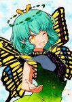  1girl antennae aqua_hair butterfly_wings dress eternity_larva green_dress hair_ornament kariyushi_shirt leaf leaf_hair_ornament leaf_on_head looking_at_viewer multicolored multicolored_clothes multicolored_dress qqqrinkappp short_sleeves single_strap smile touhou traditional_media wings yellow_eyes yellow_wings 