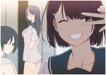  3girls ^_^ ass black_hair blurry bra breasts chestnut_mouth closed_eyes collarbone depth_of_field from_side frown glasses grin hair_ornament hairclip inu_(aerodog) long_hair multiple_girls no_pants open_clothes open_mouth open_shirt original panties school_uniform serafuku short_hair smile towel towel_around_neck underwear undressing v_over_eye 