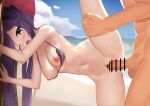 1boy 1girl absurdres bare_shoulders beach black_hair blue_headwear blue_sky breasts censored genshin_impact green_eyes hat hat_ornament hetero highres leg_lift long_hair looking_at_viewer medium_breasts mona_megistus navel nipples nude one_eye_closed open_mouth penis pussy sex skai_kun sky sweat thighs twintails vaginal witch_hat 