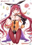  1girl alternate_costume animal_ear_headwear animal_ears bangs bare_shoulders blue_flower blush breasts bunny_ears closed_mouth commentary_request covered_navel detached_sleeves easter_egg egg fake_animal_ears fire_emblem fire_emblem_awakening fire_emblem_heroes flower gloves hair_between_eyes hair_flower hair_ornament hand_on_hip haru_(nakajou-28) highres holding holding_egg leotard long_hair long_sleeves looking_at_viewer neckwear official_alternate_costume orange_flower pantyhose pink_flower playboy_bunny red_eyes red_flower red_hair red_legwear ribbon severa_(fire_emblem) small_breasts solo strapless strapless_leotard tied_hair twintails twitter_username very_long_hair white_background 