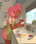  1girl absurdres apron blinds bowl cake cherry cowboy_shot dark_skin dark_skinned_female flower food fruit frying_pan grass green_apron hands_up highres leaf original pink_eyes pink_flower pink_hair plant plate potted_plant profile shadow smile solo spoon svv_art twitter_username window 