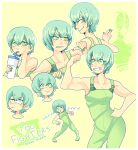  1girl blush boukken character_name copyright_name cowboy_shot drink drinking drinking_straw drinking_straw_in_mouth eyebrows_visible_through_hair flexing foo_fighters foo_fighters_(stand) green_eyes green_hair green_nails green_overalls green_theme hand_on_hip highres holding holding_drink jojo_no_kimyou_na_bouken multiple_views parted_lips pose profile short_hair smile stand_(jojo) stone_ocean upper_body 