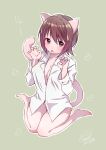  1girl absurdres animal_ears artist_name bangs barefoot bottomless brown_background brown_eyes brown_hair cat_ears cat_tail claw_pose commentary dated dress_shirt eyebrows_visible_through_hair fang frown girls_und_panzer grey_background highres itsumip kemonomimi_mode long_sleeves looking_at_viewer medium_hair naked_shirt nishizumi_maho open_mouth outline partially_unbuttoned shirt short_hair signature sitting skin_fang solo tail translated wariza white_outline white_shirt wing_collar 