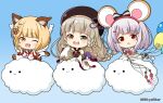  3girls :3 :d :o ;d animal animal_ears balloon bangs bare_shoulders blonde_hair blue_background blush bow braid brown_dress brown_eyes brown_hair brown_headwear chibi closed_eyes closed_mouth cloud commentary_request detached_sleeves dog_ears dress erune eyebrows_visible_through_hair fang gradient gradient_background granblue_fantasy green_eyes grey_hair hair_bow hair_ornament hairclip hands_up hat heart heterochromia holding holding_balloon long_hair long_sleeves looking_at_viewer miicha mouse_ears multiple_girls notice_lines one_eye_closed open_mouth outstretched_arm parted_lips pholia red_bow red_eyes shirt short_eyebrows sleeveless sleeveless_dress sleeveless_shirt sleeves_past_wrists smile solid_circle_eyes striped striped_bow sweat thick_eyebrows twitter_username upper_teeth v-shaped_eyebrows vajra_(granblue_fantasy) very_long_hair vikala_(granblue_fantasy) white_shirt white_sleeves white_wolf wide_sleeves wolf 