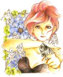  1girl breasts brown_eyes cleavage gun highres holding holding_gun holding_weapon jojo_no_kimyou_na_bouken leaf looking_at_viewer medium_breasts pink_hair plant sex_pistols_(stand) short_hair solo stand_(jojo) traditional_media trish_una upper_body vento_aureo vines wakusei-gauguin weapon 