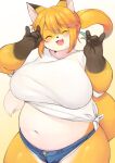  ^_^ akitaka anthro belly big_breasts biped black_nose blonde_hair blush bottomwear breasts brown_body brown_fur canid canine clothed clothing countershade_torso countershading cute_fangs cutoffs daisy_dukes denim denim_clothing dipstick_ears eyes_closed female fox fox_shadow_puppet front_view fur gesture glistening glistening_body glistening_fur gloves_(marking) gradient_background hair happy hotpants humanoid_hands kemono looking_at_viewer mammal markings midriff monotone_hair multicolored_body multicolored_ears multicolored_fur navel open_mouth open_smile overweight overweight_anthro overweight_female ponytail portrait shirt shorts simple_background smile solo standing thick_thighs three-quarter_portrait tied_shirt topwear two_tone_tail white_background white_body white_clothing white_countershading white_fur white_inner_ear white_shirt white_topwear wide_hips yellow_body yellow_fur 