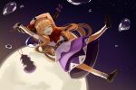  1girl :d arms_up bangs benetto_(benet) black_footwear blunt_bangs bow bubble closed_eyes full_body full_moon gourd hair_bow holding horn_ornament horn_ribbon horns ibuki_suika long_hair metal_belt moon night night_sky open_mouth orange_hair purple_ribbon purple_skirt red_bow red_neckwear ribbon ribbon-trimmed_skirt ribbon_trim shirt skirt sky smile solo touhou white_legwear white_shirt wrist_cuffs 