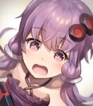  1girl bare_shoulders blurry blurry_background close-up collarbone commentary criss-cross_halter dress hair_ornament hair_tubes halterneck happy highres indoors light_blush looking_at_viewer nintendo_switch open_mouth purple_dress purple_eyes purple_hair rokuyasuhara sidelocks smile solo upper_body vocaloid voiceroid yuzuki_yukari 