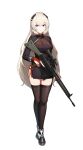  1girl bangs battle_rifle black_dress black_legwear blonde_hair breasts cero_(last2stage) dress eyebrows_visible_through_hair full_body g3_(girls_frontline) girls_frontline gloves gun h&amp;k_g3 highres large_breasts long_hair long_sleeves looking_at_viewer mod3_(girls_frontline) parted_lips purple_eyes red_gloves rifle simple_background solo standing thighhighs thighs weapon white_background 