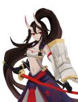  1girl black_gloves black_hair breasts cleavage gloves guobo hair_between_eyes high_ponytail highres holding holding_sword holding_weapon horns katana long_hair midriff navel oni_horns onmyoji onmyouji ponytail red_eyes sheath sheathed sidelocks simple_background spiked_armor standing sword very_long_hair weapon white_background youtouhime 