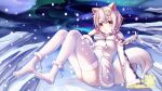  1girl animal_ears braid breasts clock_hair_ornament dress fang fox_ears fox_tail full_body fur-trimmed_dress fur_collar fur_trim highres ice indie_virtual_youtuber jinse_fu_yaojing long_hair long_sleeves medium_breasts no_shoes pink_eyes silver_hair sitting snow snowing tail thighhighs virtual_youtuber white_legwear xue_hu_sang 