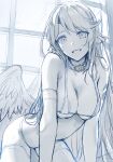  1girl absurdres animal_ears bikini breasts collar eyebrows_visible_through_hair hews highres jibril_(no_game_no_life) long_hair looking_at_viewer medium_breasts micro_bikini monochrome no_game_no_life open_mouth sketch smile solo swimsuit tattoo thighhighs window wings 