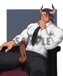  1boy absurdres alternate_costume animal_ears arknights bara black_pants blush brown_eyes brown_hair commission cow_boy cow_ears cow_horns earrings elbow_rest erection feet_out_of_frame formal highres horns jewelry large_pectorals male_focus matterhorn_(arknights) muscular muscular_male necktie on_chair open_pants pants pectorals penis sample shirt short_hair sideburns sitting solo spread_legs thick_thighs thighs uncensored veins veiny_penis white_shirt xianyusamuel 
