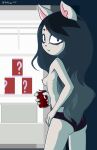  2020 anthro beverage blue_hair breasts butt cartoon_hangover claire_(the_summoning) clothed clothing cute_fangs felid feline female fridge hair hi_res looking_at_viewer looking_back mammal mimicp nipples panties solo the_summoning topless underwear 