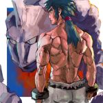  1boy black_hair bruno_(pokemon) closed_mouth commentary_request elite_four from_behind gen_1_pokemon grey_pants hair_tie long_hair male_focus muscular muscular_male onix pants pokemon pokemon_(creature) pokemon_(game) pokemon_hgss ponytail shirtless sideburns spiked_hair tied_hair tofu_(pixiv10770344) 