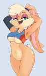  anthro blonde_hair bottomless breasts clothed clothing crop_top female fur hair hands_behind_head lagomorph leporid lola_bunny looney_tunes mammal mostly_nude open_mouth optimusjudyhopps rabbit shirt simple_background solo space_jam tan_body tan_fur topwear under_boob warner_brothers 