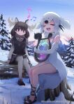  2girls animal_ears antlers bare_shoulders bikini bikini_bottom black_hair brown_eyes brown_footwear brown_hair brown_neckwear brown_skirt brown_sweater closed_eyes commentary_request elbow_gloves eyebrows_visible_through_hair forest fur_collar gladiator_sandals gloves grey_legwear grey_sweater harp harp_seal_(kemono_friends) instrument kemono_friends kemono_friends_3 loafers long_hair long_sleeves moose_(kemono_friends) moose_ears moose_girl multicolored_hair multicolored_sweater multiple_girls music musical_note nature official_art open_mouth pantyhose pine_tree playing_instrument pleated_skirt saltlaver sandals scarf seal_tail shoes short_hair singing sitting skirt sleeveless snow sweater swimsuit tree two-tone_hair white_bikini white_fur white_gloves white_hair 
