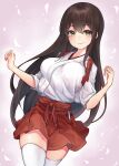  1girl akagi_(kancolle) blush brown_eyes brown_hair closed_mouth eyebrows_visible_through_hair gradient gradient_background hakama hakama_skirt highres japanese_clothes kamidanomi kantai_collection kimono long_hair red_hakama skirt smile tasuki thighhighs white_kimono white_legwear 