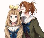  2girls blonde_hair blue_neckwear brown_hair brown_shirt closed_eyes closed_mouth green_eyes green_shirt hair_ribbon hibike!_euphonium kitauji_high_school_uniform liz_to_aoi_tori long_hair long_sleeves multiple_girls nakagawa_natsuki neckerchief open_mouth ponytail ribbon sailor_collar school_uniform serafuku shirt simple_background surprised white_background white_sailor_collar yellow_ribbon yoshikawa_yuuko yuuyu_(777) 