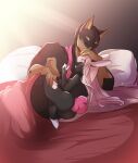  anthro black_body bunnywhiskerz butt canid canine canis cuddling domestic_dog female hair hi_res lagomorph larger_male leporid male male/female mammal pink_hair rabbit size_difference smaller_female 