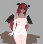  1girl areolae bat_wings breasts cleavage covered_nipples demon_tail demon_wings female_pubic_hair head_wings highres koakuma large_breasts long_hair looking_at_viewer mata_(matasoup) nipples pubic_hair red_hair red_pubic_hair see-through shirt simple_background sitting solo tail touhou white_background white_shirt wings 