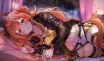  1girl absurdres animal_ears belt black_jacket blurry crop_top depth_of_field dog_tags groin hair_ribbon highres horse_ears horse_girl horse_tail huge_filesize indoors jacket long_hair long_sleeves looking_at_viewer lying mayano_top_gun_(umamusume) midriff navel on_bed on_side open_clothes open_fly open_jacket open_shorts orange_eyes orange_hair orange_legwear panties panty_peek ribbon sak_(lemondisk) shirt short_shorts shorts smile solo stomach tail thighhighs thighs two_side_up umamusume underwear white_panties white_shorts yellow_shirt 