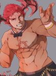  1boy abs apron bara bare_pectorals biceps bow bowtie chest_tattoo dark_skin dark_skinned_male demon_boy demon_horns demon_tail detached_collar highres hijirino_yuuta horns ifrit_(tokyo_houkago_summoners) male_focus monster_boy muscular muscular_male navel nipples official_alternate_costume orange_eyes pectorals pointy_ears red_hair shirtless short_hair smile solo spiked_hair stomach tail tattoo tokyo_houkago_summoners veins waist_apron waiter wrist_cuffs 