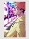  1000_(user_1527793) 1boy absurdres bangs border highres hood hoodie itadori_yuuji jujutsu_kaisen lens_flare looking_away male_focus pink_hair profile short_hair signature solo upper_body 