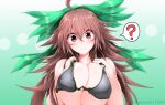 1girl ? ahoge alternate_breast_size bangs bikini bikini_top blush bow breast_squeeze breasts brown_hair closed_mouth covered_nipples eyebrows_visible_through_hair eyes_visible_through_hair g_(desukingu) green_bow hair_between_eyes hair_bow hands_on_own_chest hands_up highres huge_bow huge_breasts long_hair looking_at_viewer parted_bangs red_eyes reiuji_utsuho shiny smile solo spoken_question_mark swimsuit touhou upper_body watermark 