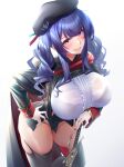  1girl azur_lane beret black_headwear blush bra_through_clothes breasts cape center_frills dress eyebrows_visible_through_hair frills gloves hat highres huge_breasts italian_flag ken_ill long_hair looking_at_viewer microdress pola_(azur_lane) purple_hair red_eyes smile solo sword taut_clothes taut_dress thighhighs thighs twintails two-tone_dress weapon white_gloves 