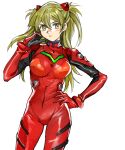  1girl 203wolves blonde_hair blush bodysuit breasts breasts_apart cosplay cowboy_shot floating_hair hair_between_eyes hand_on_hip headgear highres long_hair looking_at_viewer medium_breasts neon_genesis_evangelion open_mouth plugsuit red_bodysuit shiny shiny_hair signature simple_background solo souryuu_asuka_langley souryuu_asuka_langley_(cosplay) standing tenjouin_asuka white_background yu-gi-oh! yu-gi-oh!_gx 