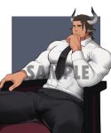 1boy absurdres alternate_costume animal_ears arknights bara black_pants brown_eyes brown_hair bulge commission cow_boy cow_ears cow_horns earrings elbow_rest feet_out_of_frame formal highres horns jewelry large_pectorals male_focus matterhorn_(arknights) muscular muscular_male necktie on_chair pants pectorals sample shirt short_hair sideburns sitting solo spread_legs thick_thighs thighs white_shirt xianyusamuel 