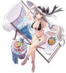  1girl aquila_(azur_lane) aquila_(sardegnian_shallows_and_sunshine)_(azur_lane) arm_support arm_up azur_lane bangs beach_chair bikini black_bikini blue_innertube blush bracelet braid breasts cleavage collarbone crossed_legs day eyebrows_visible_through_hair food frills from_above fruit full_body green_eyes grey_hair hat highleg highleg_bikini highres holding ice_cream jewelry large_breasts long_hair looking_at_viewer looking_up navel necomi official_art outdoors parted_lips pillow round_table sand seashell shadow shell shiny shiny_hair shore silver_hair simple_background single_braid sitting smile solo starfish stomach striped sun_hat swimsuit table thigh_strap thighs toeless_footwear toes transparent_background vertical_stripes very_long_hair water white_footwear white_headwear 