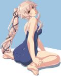  1girl bare_arms bare_legs bare_shoulders barefoot blue_swimsuit blush breasts dd_(ijigendd) eyebrows_visible_through_hair highres kantai_collection long_hair medium_breasts open_mouth pink_hair ponytail remodel_(kantai_collection) sitting solo swimsuit very_long_hair wariza yellow_eyes yura_(kancolle) 