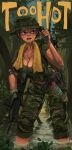  1girl absurdres assault_rifle boonie_hat breasts camouflage camouflage_pants cleavage english_text green_shirt gun hat highres jacket jungle m16 military military_hat military_uniform nature open_clothes open_jacket original pants pants_rolled_up republic_of_korea_army rifle rifleman_(bjh8508) shirt short_hair smoke_grenade tagme towel uniform wading weapon weapon_request 