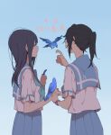  2girls animal bird black_hair blue_background blue_hair blue_neckwear blue_sailor_collar blue_skirt bluebird closed_eyes dated feathers hibike!_euphonium highres holding holding_animal holding_bird kasaki_nozomi kitauji_high_school_uniform liz_to_aoi_tori long_hair multiple_girls neckerchief open_mouth pleated_skirt ponytail ree_(re-19) sailor_collar school_uniform serafuku shirt short_sleeves simple_background skirt smile standing watch white_shirt yoroizuka_mizore 