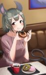  1girl :q absurdres alternate_costume animal_ears blue_nails blush brown_eyes brown_hair casual coffee coffee_cup commentary contemporary cup degu_(kemono_friends) disposable_cup doughnut drawstring drink earrings eating extra_ears fingernails food food_on_face green_hair highres hoop_earrings indoors jewelry kemono_friends licking_lips looking_at_viewer medium_hair mole mole_on_neck morimasakazu multicolored_hair nail_polish plate shiny shiny_hair sidelocks sitting smile solo sweater symbol_commentary table tail tongue tongue_out tray upper_body 