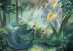  closed_eyes commentary_request creature day evolutionary_line gen_5_pokemon grass highres kikuyoshi_(tracco) no_humans orange_eyes outdoors pokemon pokemon_(creature) serperior servine smile snivy tree 