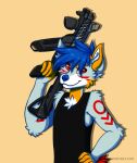  anonymous_artist anthro arctic_wolf black_clothing black_shirt black_tank_top black_topwear blue_hair canid canine canis carrying chest_tuft clothing falcon_woodwere gun hair hand_on_hip looking_at_viewer male mammal on_shoulder ranged_weapon shirt smile smirk solo tank_top titanfall_2 topwear tuft weapon wolf 
