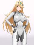  1girl blonde_hair bodysuit breasts closed_mouth cosplay covered_navel covered_nipples fire hair_ornament highres higofushi large_breasts looking_at_viewer metroid mythra_(xenoblade) navel plugsuit pose samus_aran samus_aran_(cosplay) simple_background skin_tight skindentation smile solo standing white_background xenoblade_chronicles_(series) xenoblade_chronicles_2 yellow_eyes zero_suit 