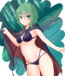  1girl absurdres antennae bangs biburu bikini black_bikini black_cape blush breasts cape cape_lift closed_mouth commentary_request cowboy_shot green_eyes green_hair highres looking_at_viewer navel red_cape short_hair small_breasts solo swimsuit touhou two-sided_cape two-sided_fabric wriggle_nightbug 