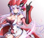  1girl artist_name blush breasts cleavage covered_navel gao_kawa gloves grin headgear highres large_breasts laser_beam leotard light_purple_hair long_hair looking_at_viewer low_twintails pointing pointing_up purple_eyes senki_zesshou_symphogear smile standing teeth twintails white_hair yukine_chris 