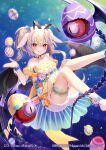 1girl :q animal_ears bangs bare_shoulders barefoot black_choker black_wings blonde_hair breasts bunny_ears character_request choker closed_mouth collarbone commentary_request copyright_name demon_wings detached_sleeves dress easter easter_egg egg eyebrows_visible_through_hair feet_out_of_frame grey_hair hair_between_eyes heart_ring knees_together_feet_apart knees_up looking_at_viewer momoshiki_tsubaki monster multicolored_hair official_art puffy_short_sleeves puffy_sleeves short_sleeves small_breasts smile solo strapless strapless_dress streaked_hair tongue tongue_out twintails white_dress wings yellow_sleeves z/x 