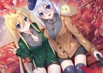  &gt;_&lt; 2girls autumn autumn_leaves azur_lane beige_cardigan beret bismarck_(azur_lane) black_shorts blonde_hair blue_eyes blue_headwear blue_legwear breasts cardigan cleavage green_cardigan grey_shirt hair_between_eyes hat large_breasts long_hair looking_at_viewer manjuu_(azur_lane) medium_hair multiple_girls partially_unbuttoned selfie_stick shirotsuki_renge shirt short_shorts shorts sitting_on_bench thighhighs tirpitz_(azur_lane) white_hair wooden_bench 