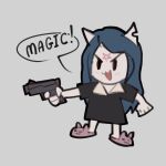  1:1 2020 avatar_material blue_hair cartoon_hangover chibi claire_(the_summoning) felid feline female gun hair handgun humor inverted_pentagram mammal pistol ranged_weapon slavyan solo the_summoning weapon 